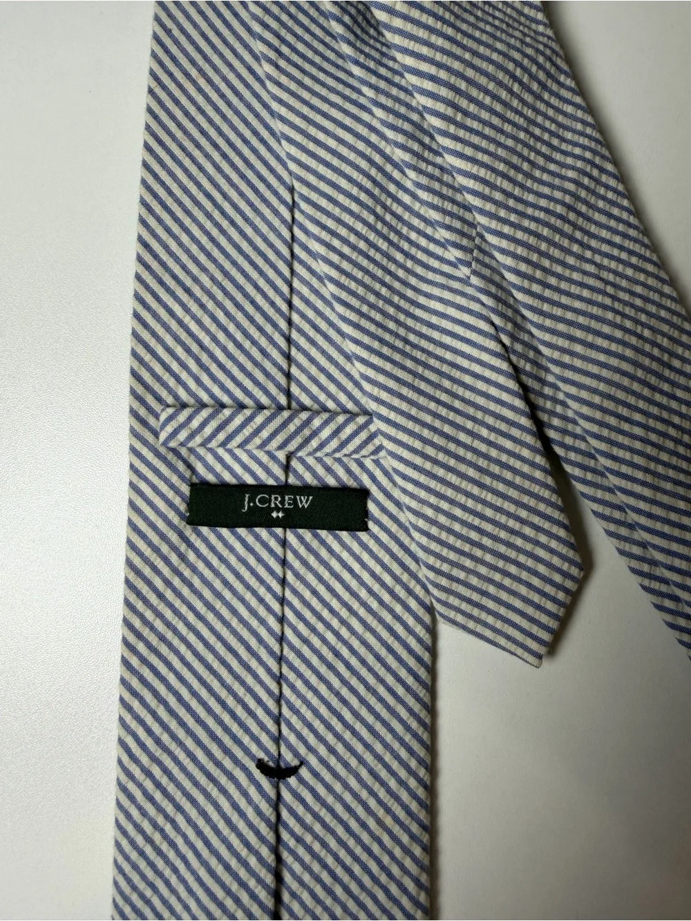 J. Crew 100% Cotton Seersucker Blue and White Diagonal Stripe Slim Modern Tie